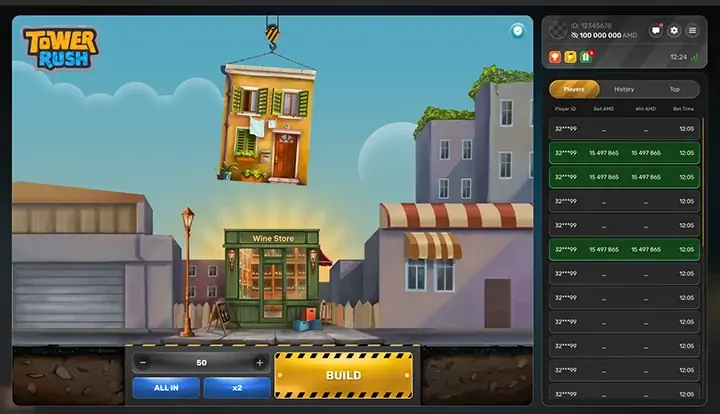 Tower Rush Game — Crash-Spiel mit Turmaufbau und Multiplikatoren